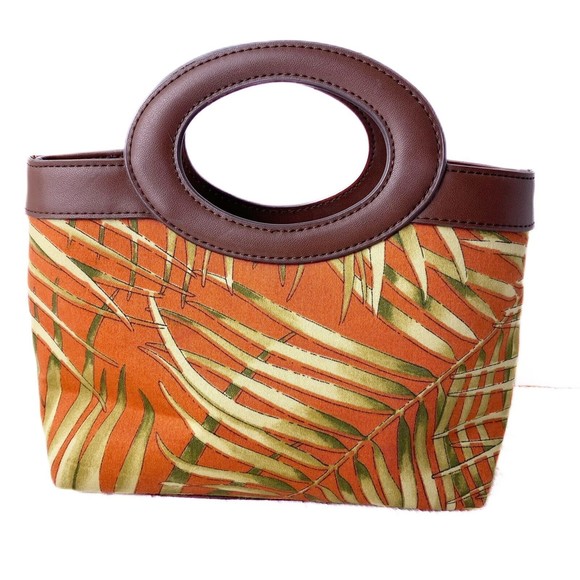Vintage FOSSIL Canvas Orange PALM PRINT Circle Handle Handbag Small - Picture 1 of 9